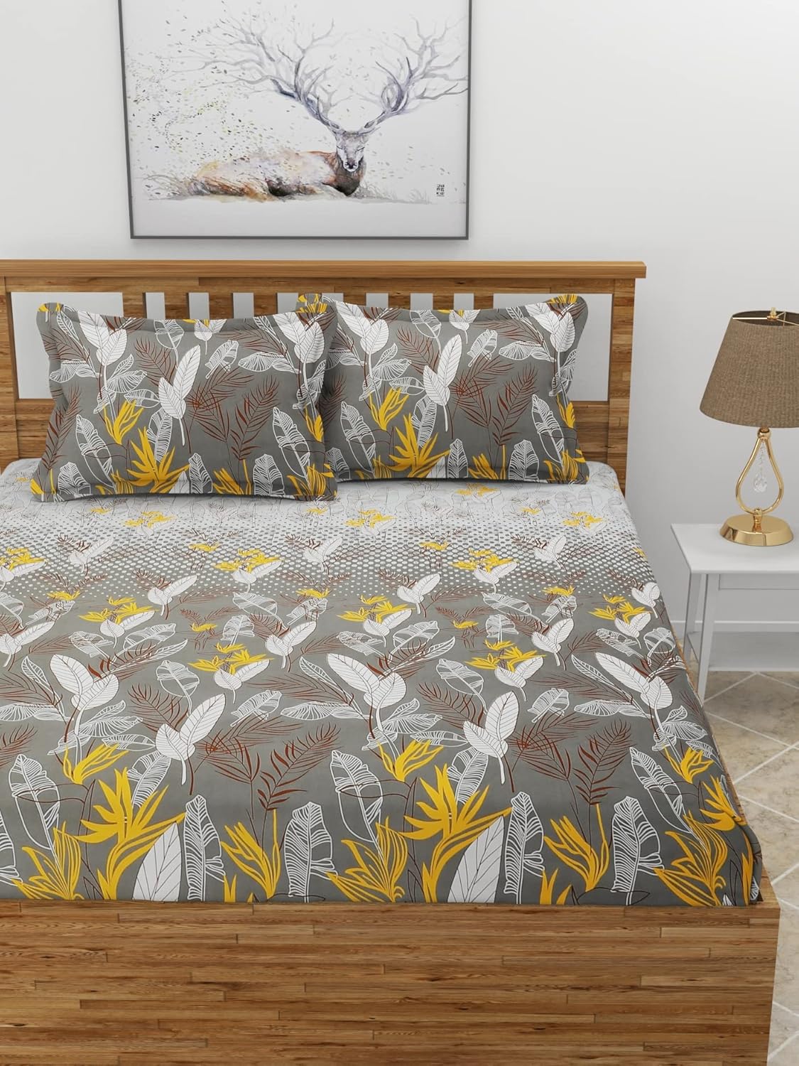 Premium Glace Cotton Elastic Fitted Double Bedsheet with 2 Pillow Covers (72x78x8 Inches)- CharcoalPankhMor