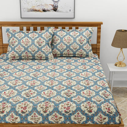 Morado Premium Glace Cotton Elastic Fitted Double Bedsheet with 2 Pillow Covers (72x78x8 Inches)- Unique Flower