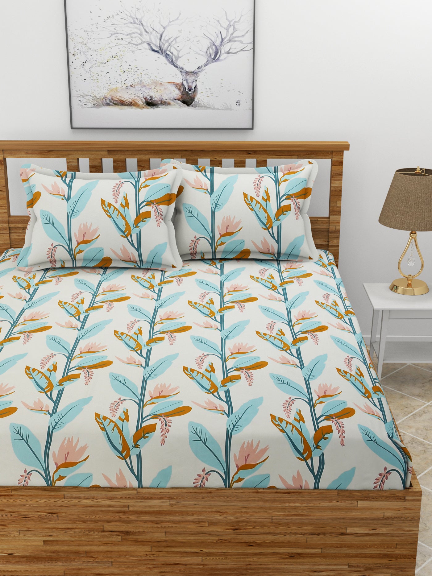 Premium Glace Cotton Elastic Fitted Double Bedsheet with 2 Pillow Covers (72x78x8 Inches)- LightGreenLeaves