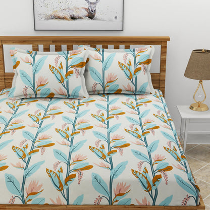 Morado Premium Glace Cotton Elastic Fitted Double Bedsheet with 2 Pillow Covers (72x78x8 Inches)- Light Green Leaves