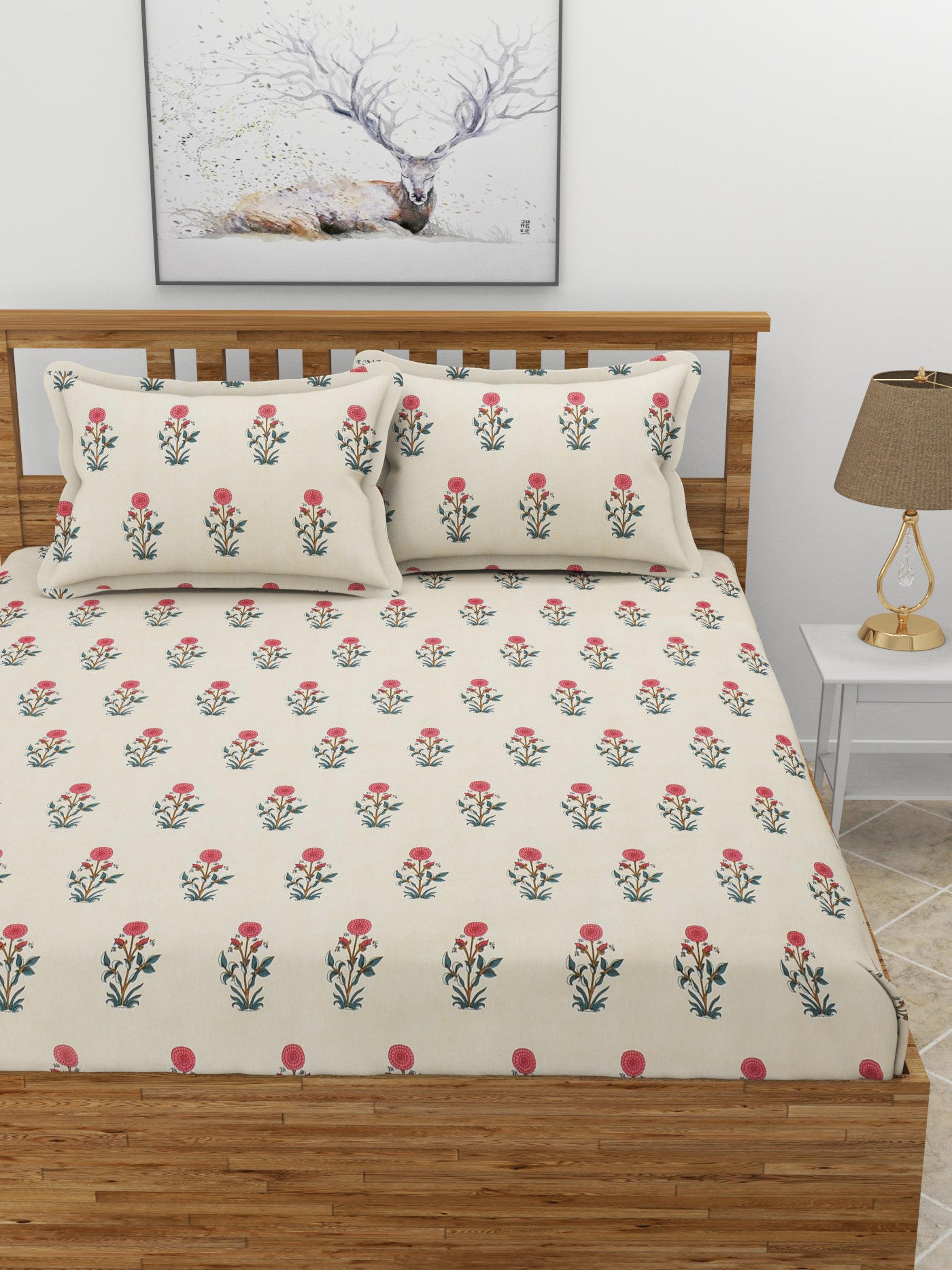 Premium Glace Cotton Elastic Fitted Double Bedsheet with 2 Pillow Covers (72x78x8 Inches)- FlowerShop