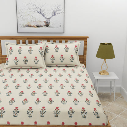 Morado Premium Glace Cotton Elastic Fitted Double Bedsheet with 2 Pillow Covers (72x78x8 Inches)- Flower Shop