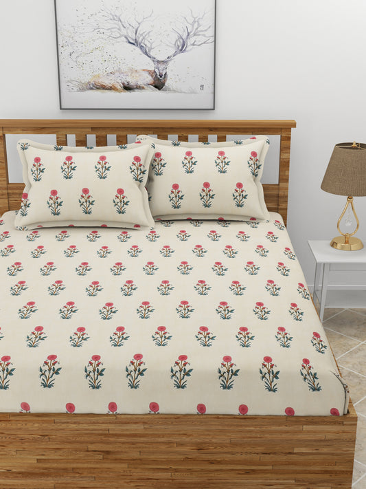 Premium Glace Cotton Elastic Fitted Double Bedsheet with 2 Pillow Covers (72x78x8 Inches)- FlowerShop