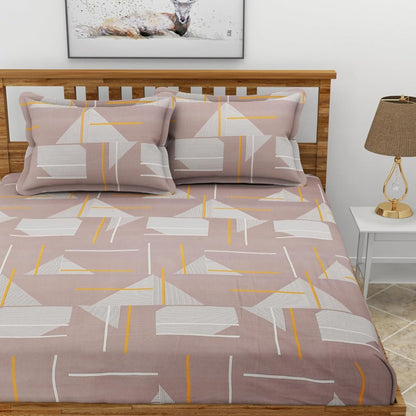 Morado Premium Glace Cotton Elastic Fitted Double Bedsheet with 2 Pillow Covers (72x78x8 Inches)- Brown Traingle