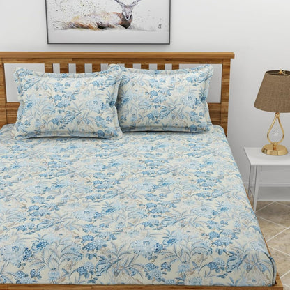 Morado Elastic Fitted Double Bedsheet with Pillow Covers- Cream & Blue