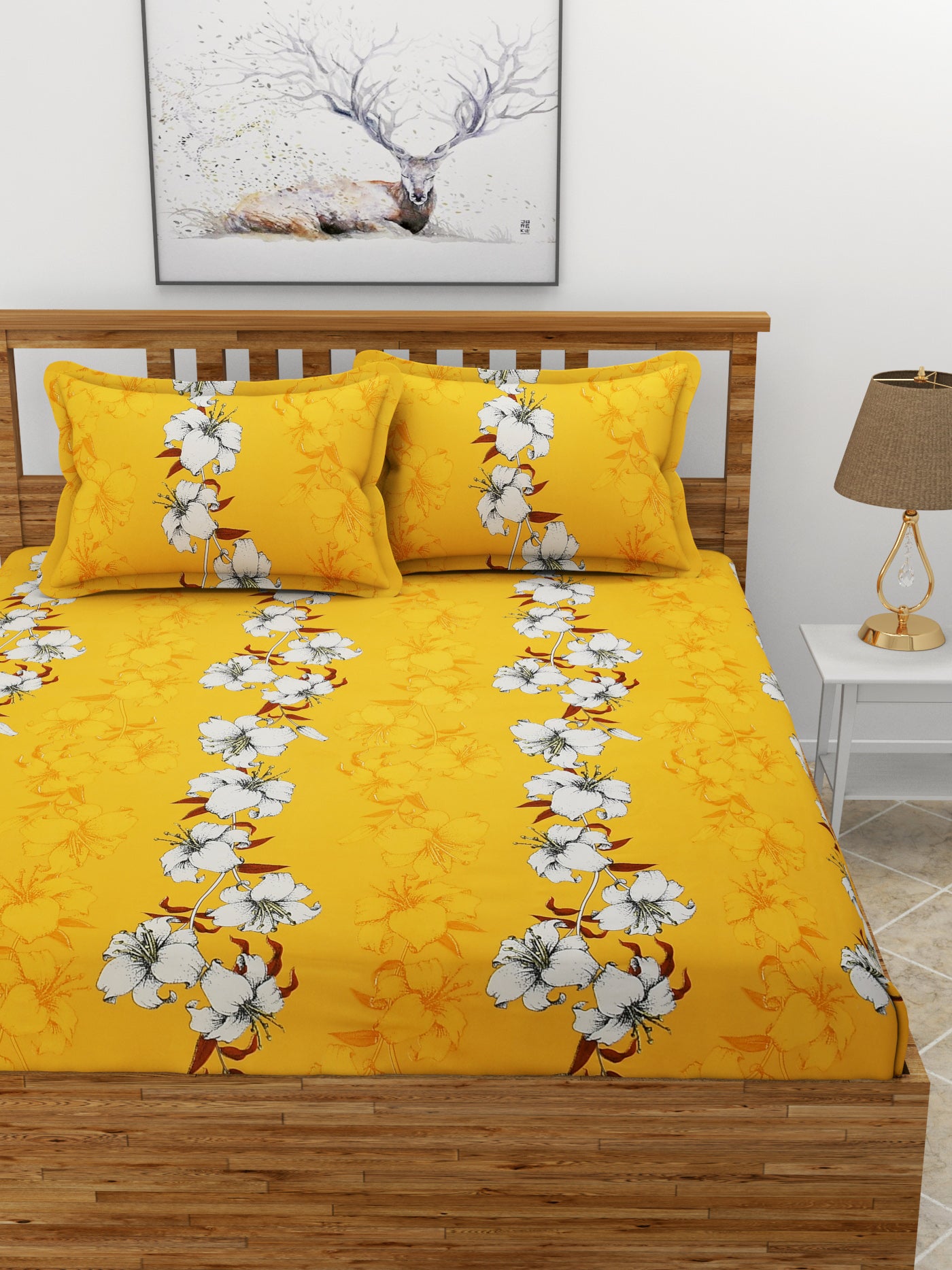 Premium Glace Cotton Elastic Fitted Double Bedsheet with 2 Pillow Covers (72x78x8 Inches)- Mustard White Flower