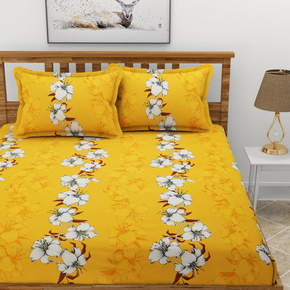 Morado Premium Glace Cotton Elastic Fitted Double Bedsheet with 2 Pillow Covers (72x78x8 Inches)- Mustard White Flower