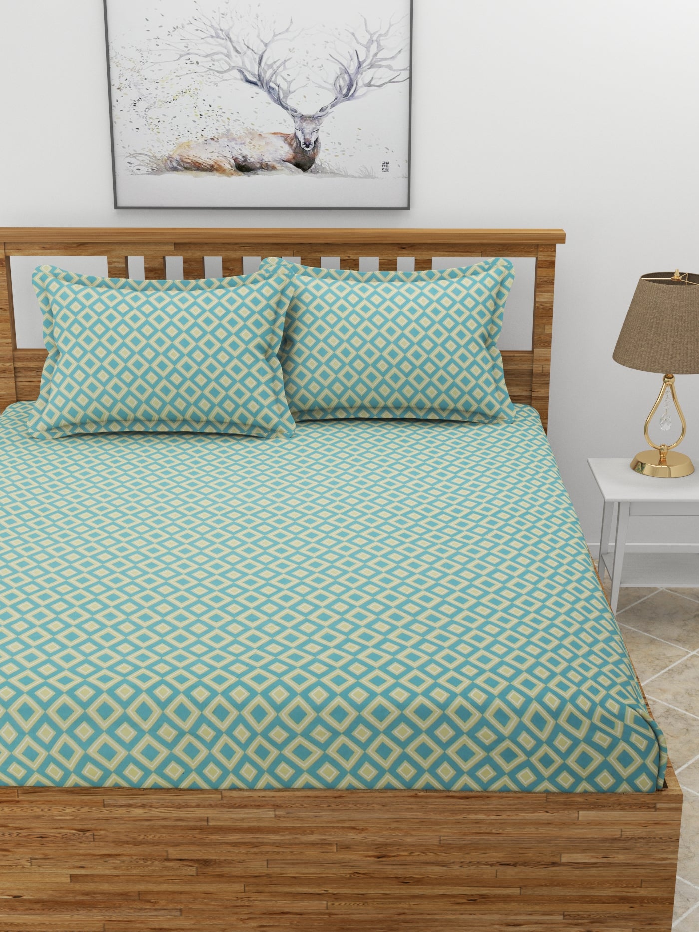 Premium Glace Cotton Elastic Fitted Double Bedsheet with 2 Pillow Covers (72x78x8 Inches)- Diamond_Mor