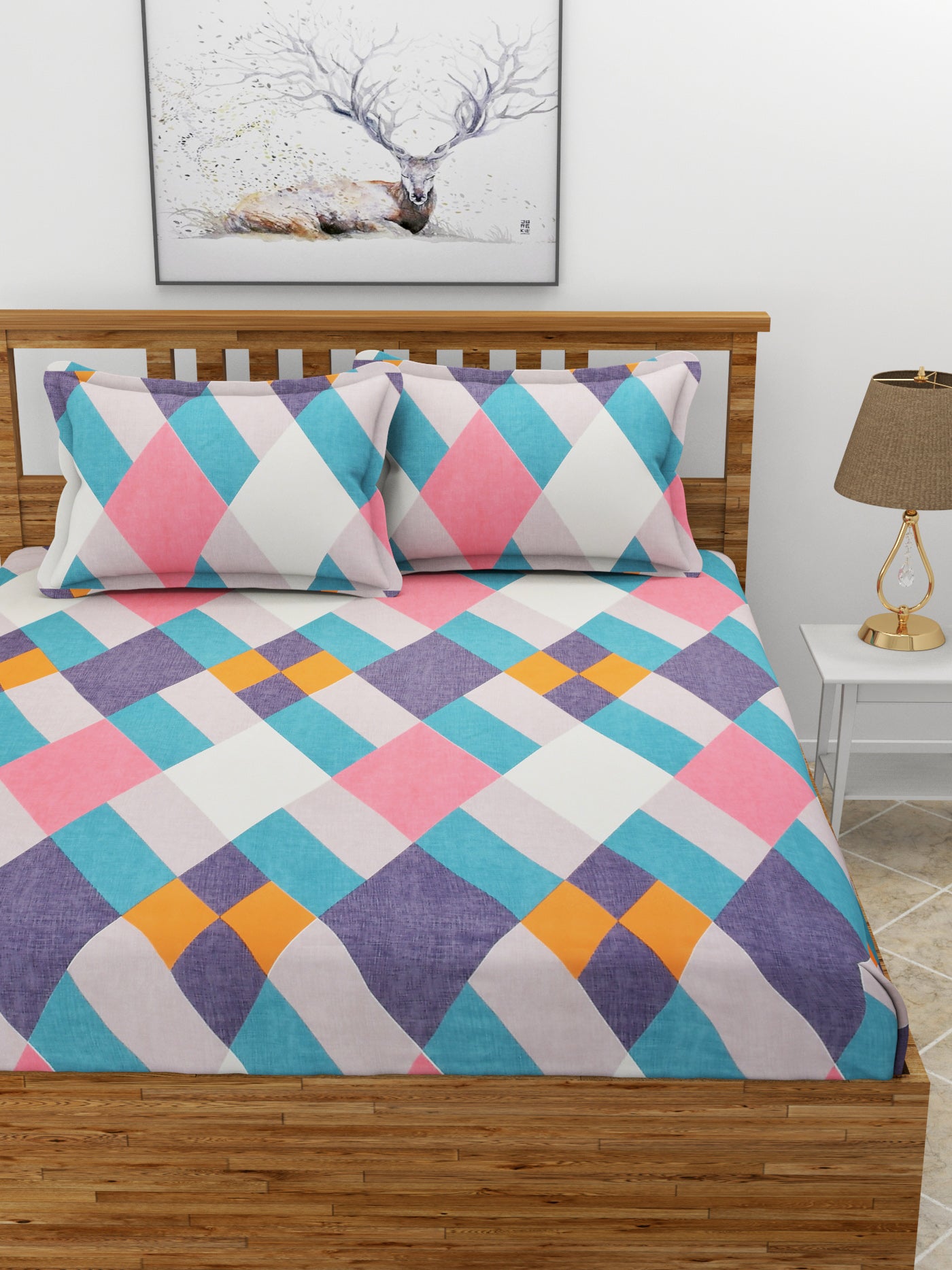 Premium Glace Cotton Elastic Fitted Double Bedsheet with 2 Pillow Covers (72x78x8 Inches)-ColorfulBlocks