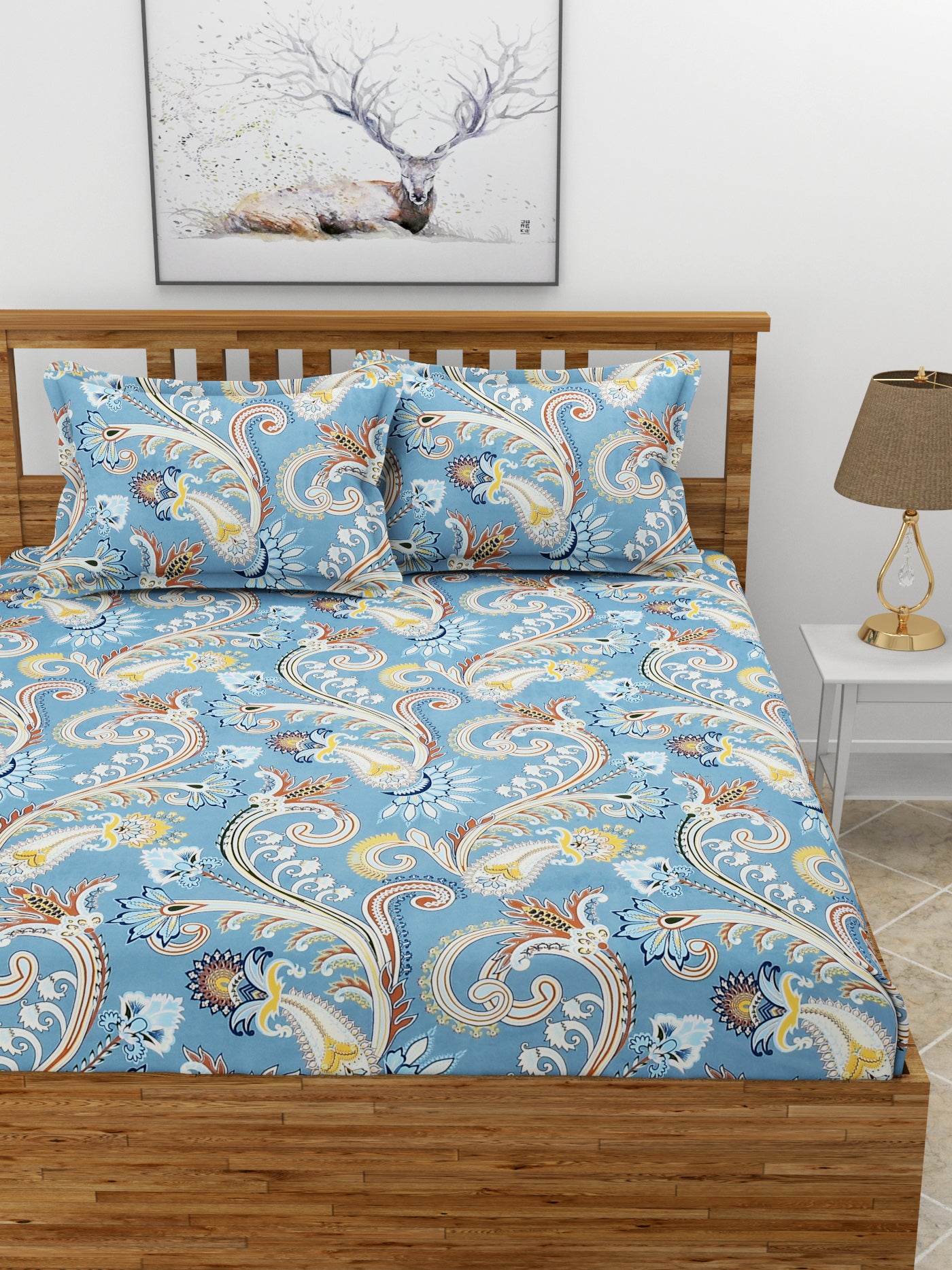 Premium Glace Cotton Elastic Fitted Double Bedsheet with 2 Pillow Covers (72x78x8 Inches)- RajasthaniPrint