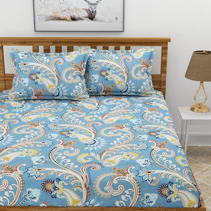 Morado Premium Glace Cotton Elastic Fitted Double Bedsheet with 2 Pillow Covers (72x78x8 Inches)- Rajasthani Print