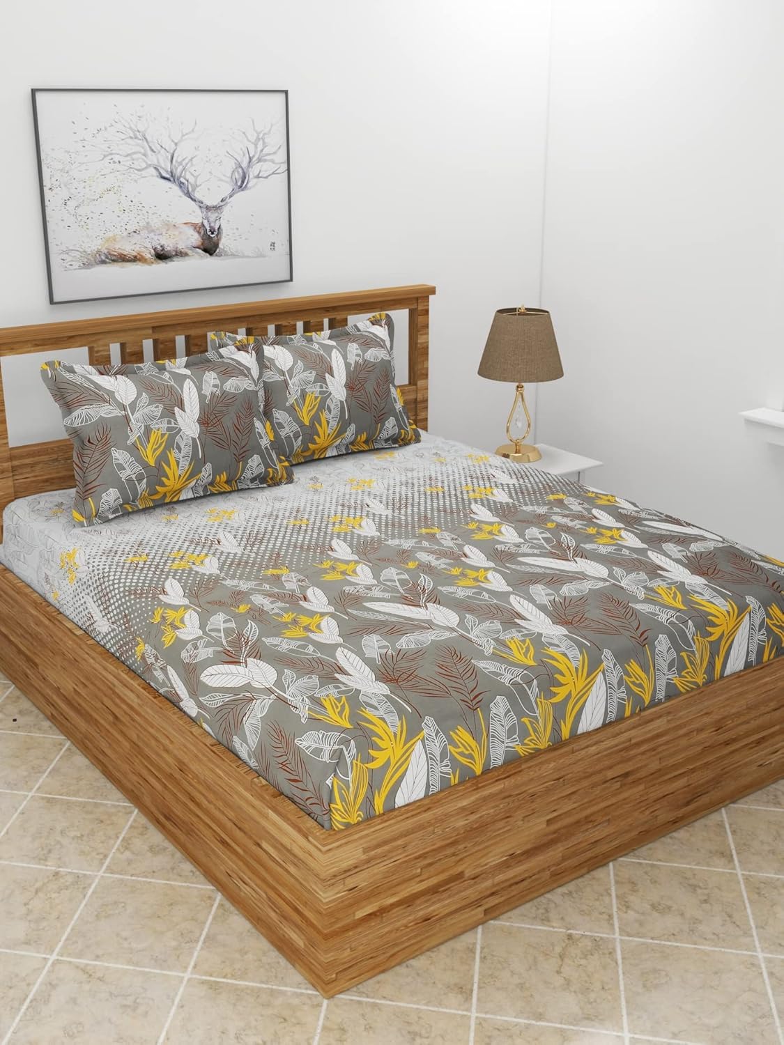 Premium Glace Cotton Elastic Fitted Double Bedsheet with 2 Pillow Covers (72x78x8 Inches)- CharcoalPankhMor