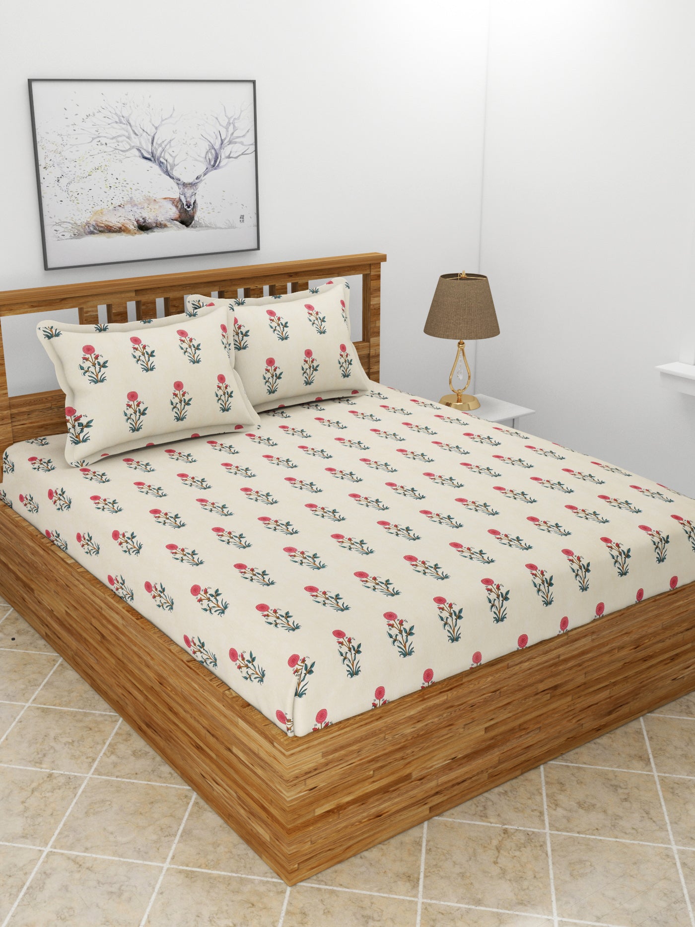 Premium Glace Cotton Elastic Fitted Double Bedsheet with 2 Pillow Covers (72x78x8 Inches)- FlowerShop