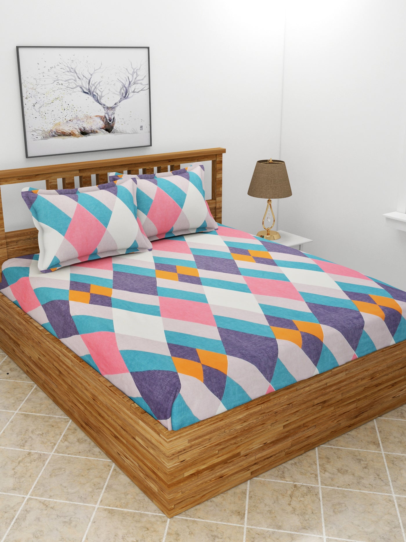 Premium Glace Cotton Elastic Fitted Double Bedsheet with 2 Pillow Covers (72x78x8 Inches)-ColorfulBlocks