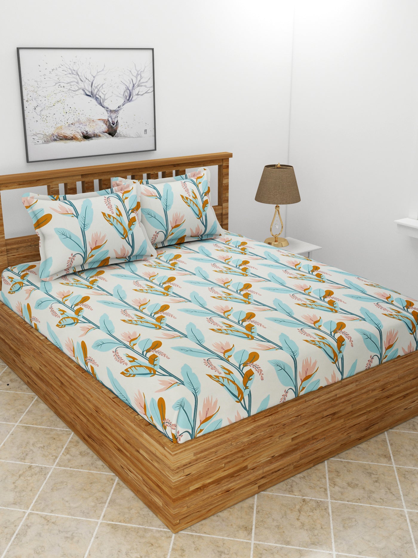 Premium Glace Cotton Elastic Fitted Double Bedsheet with 2 Pillow Covers (72x78x8 Inches)- LightGreenLeaves