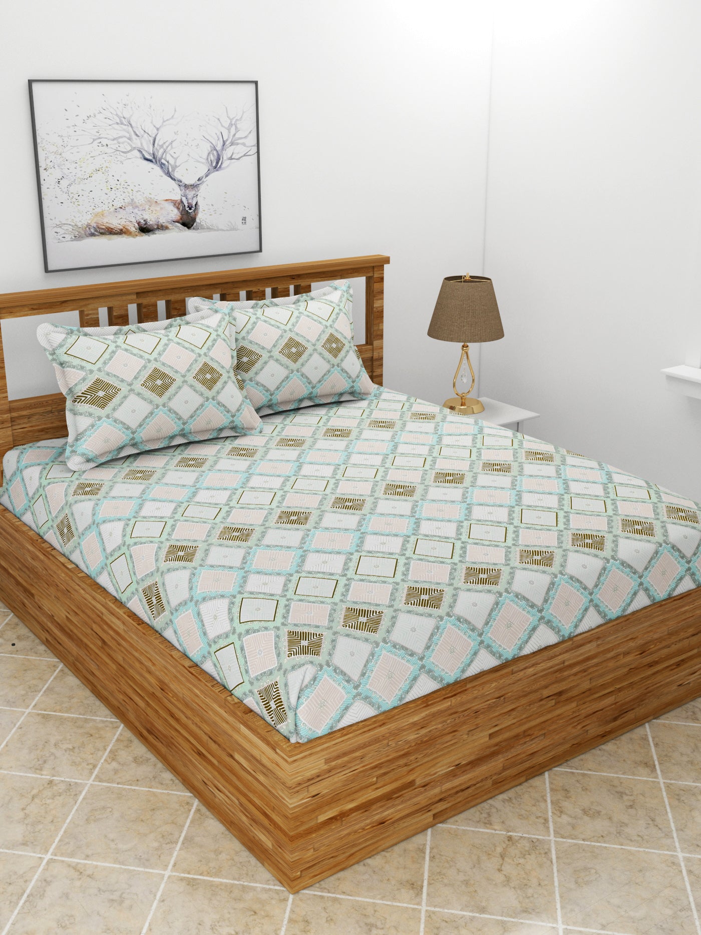 Premium Glace Cotton Elastic Fitted Double Bedsheet with 2 Pillow Covers (72x78x8 Inches)-TigesBoxes