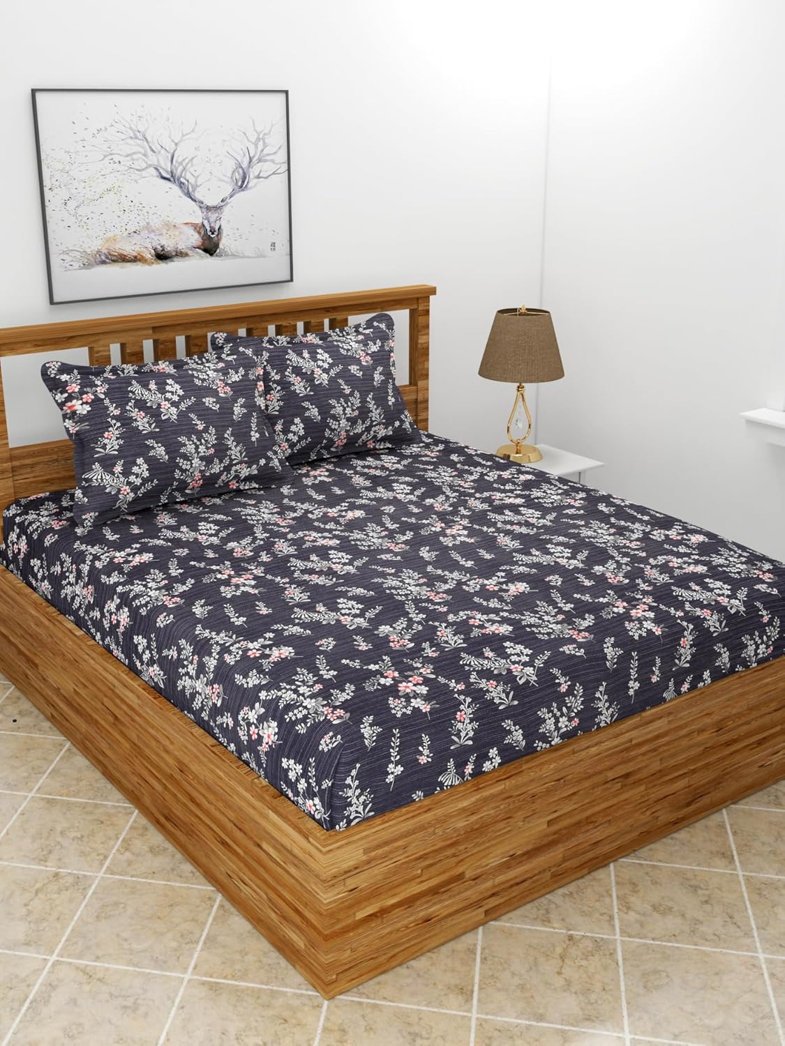 Premium Glace Cotton Elastic Fitted Double Bedsheet with 2 Pillow Covers (72x78x8 Inches)- BlueBale