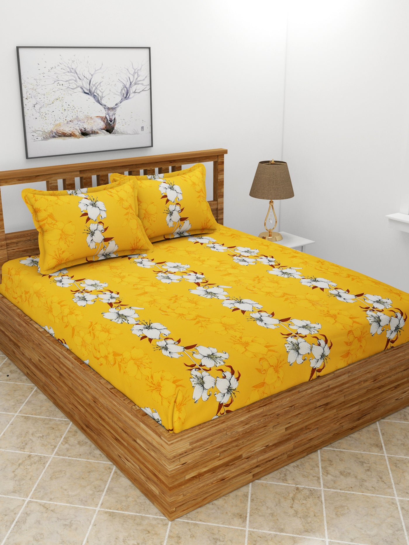 Premium Glace Cotton Elastic Fitted Double Bedsheet with 2 Pillow Covers (72x78x8 Inches)- Mustard White Flower
