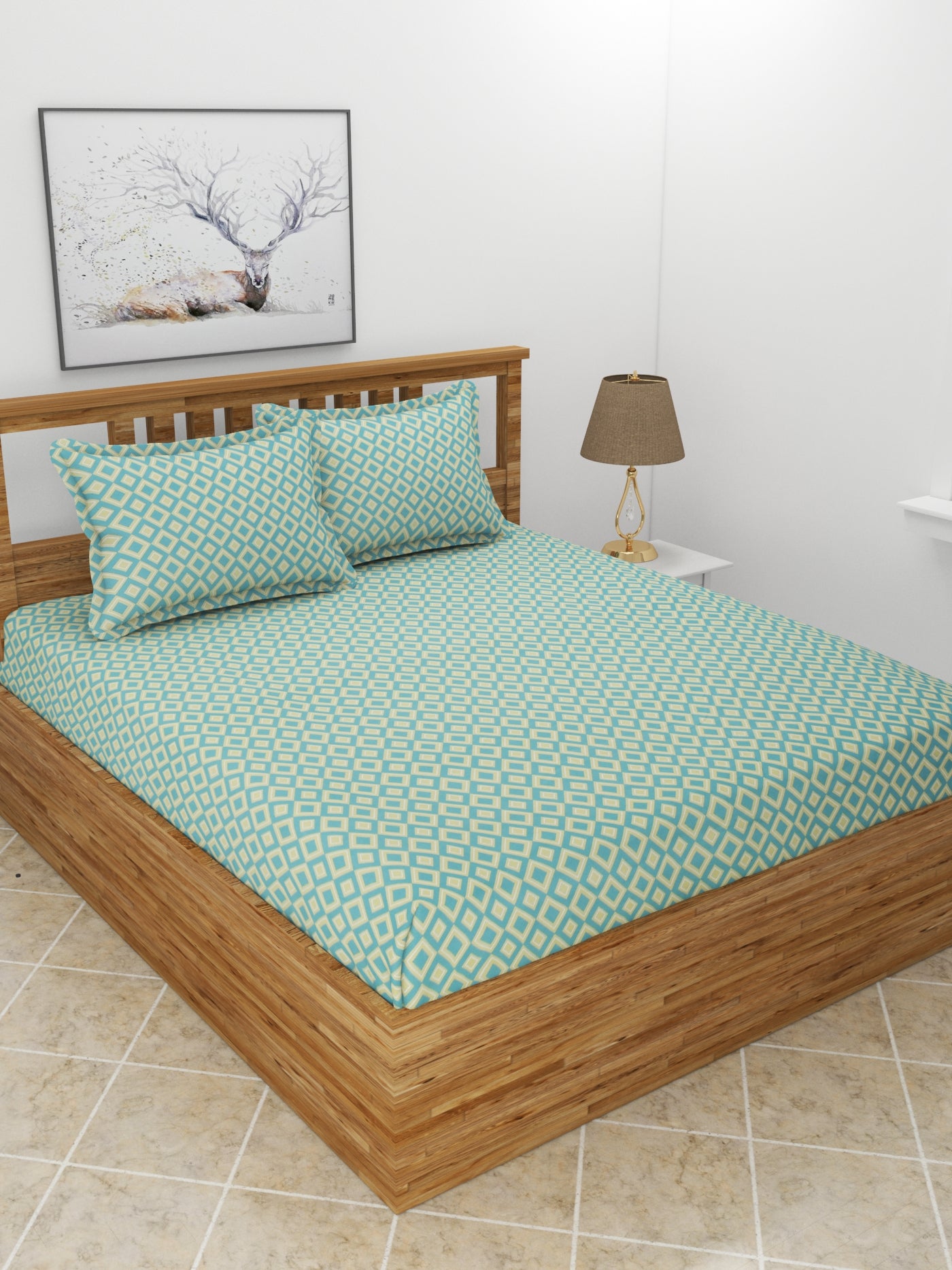 Premium Glace Cotton Elastic Fitted Double Bedsheet with 2 Pillow Covers (72x78x8 Inches)- Diamond_Mor