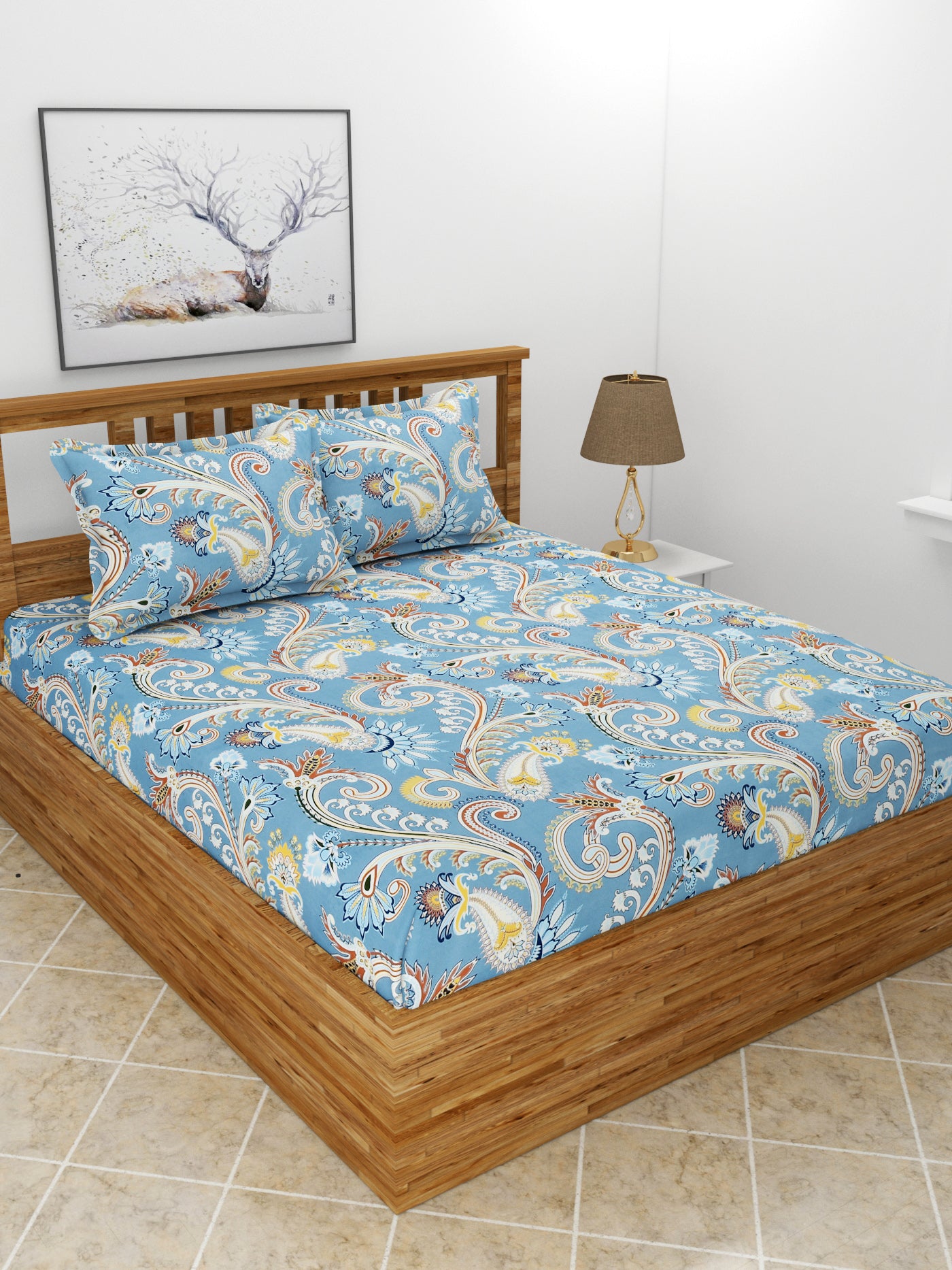 Premium Glace Cotton Elastic Fitted Double Bedsheet with 2 Pillow Covers (72x78x8 Inches)- RajasthaniPrint