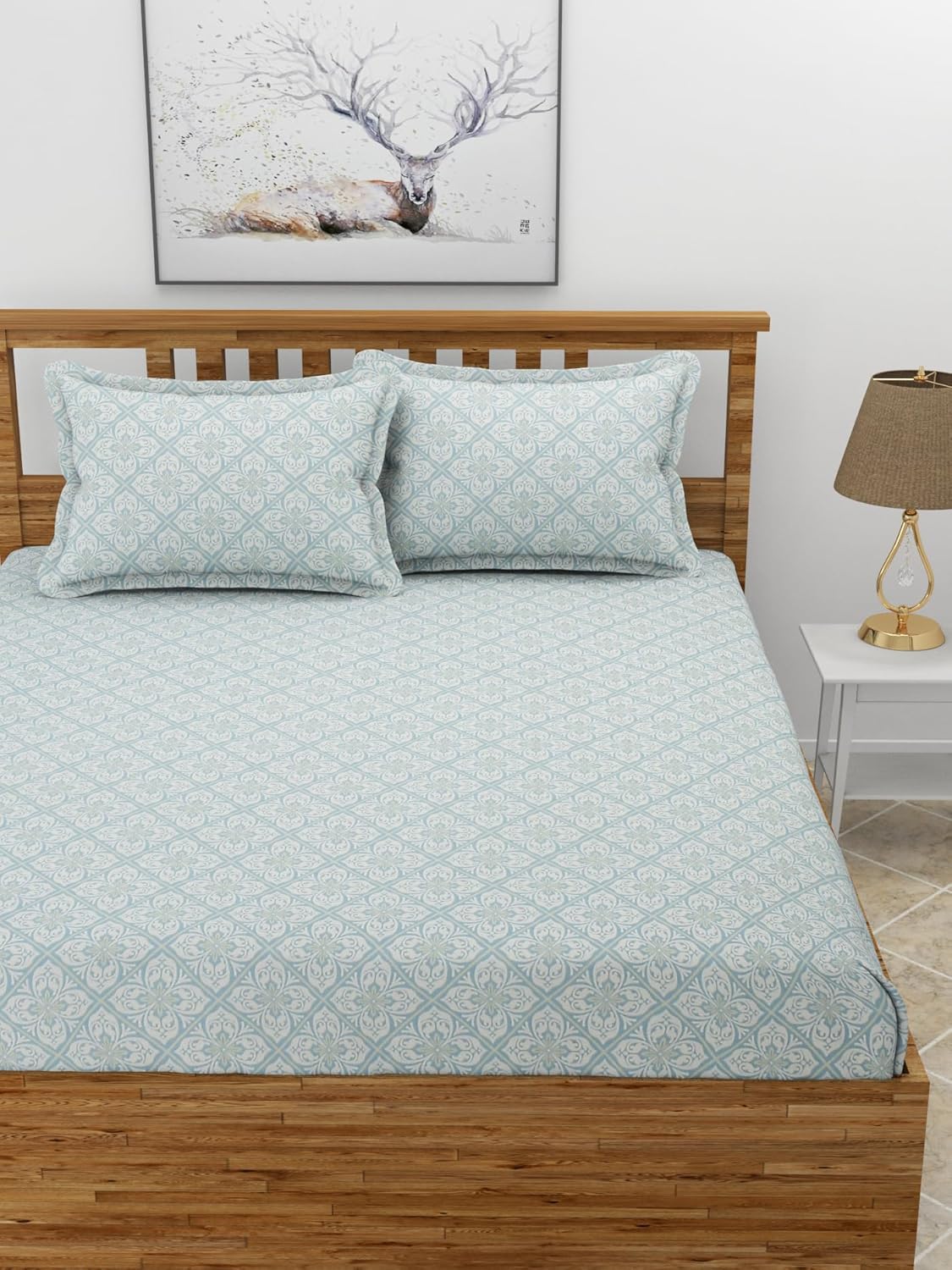 Premium Glace Cotton Elastic Fitted Double Bedsheet with 2 Pillow Covers (72x78x8 Inches)-CoconutLeaf
