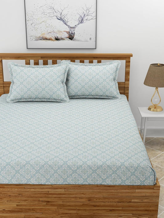 Premium Glace Cotton Elastic Fitted Double Bedsheet with 2 Pillow Covers (72x78x8 Inches)-CoconutLeaf