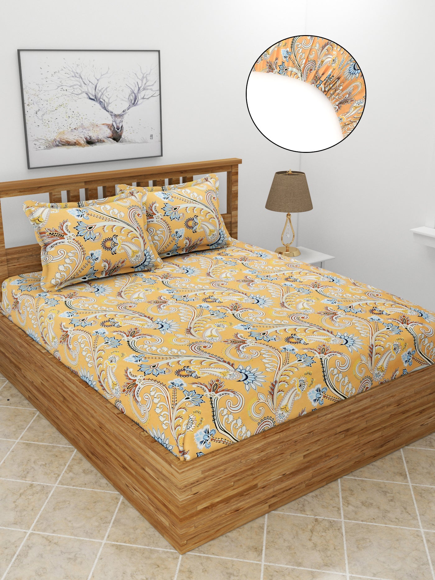 Premium Glace Cotton Elastic Fitted Double Bedsheet with 2 Pillow Covers (72x78x8 Inches)- RajasthaniPrint