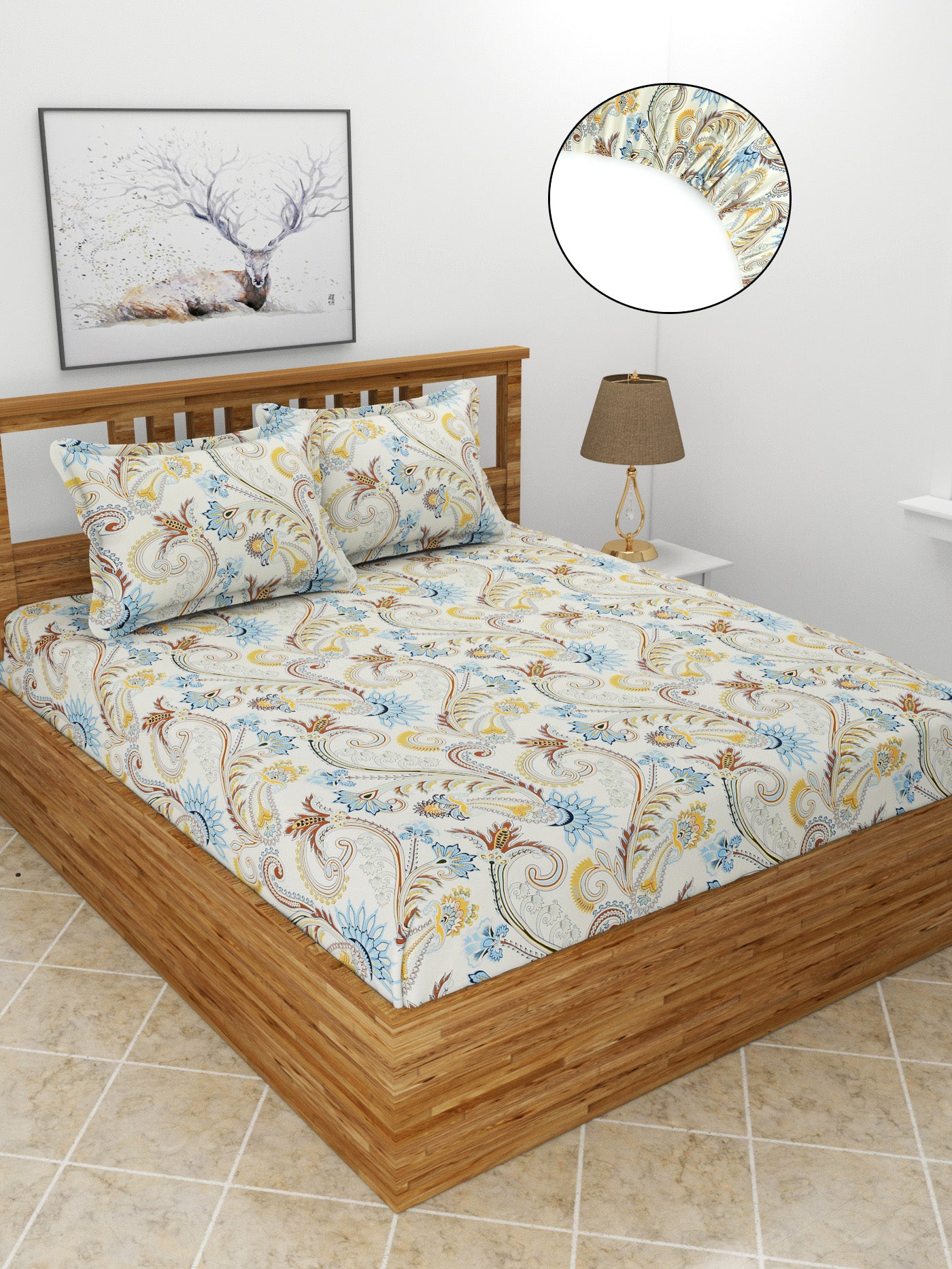 Premium Glace Cotton Elastic Fitted Double Bedsheet with 2 Pillow Covers (72x78x8 Inches)- RajasthaniPrint