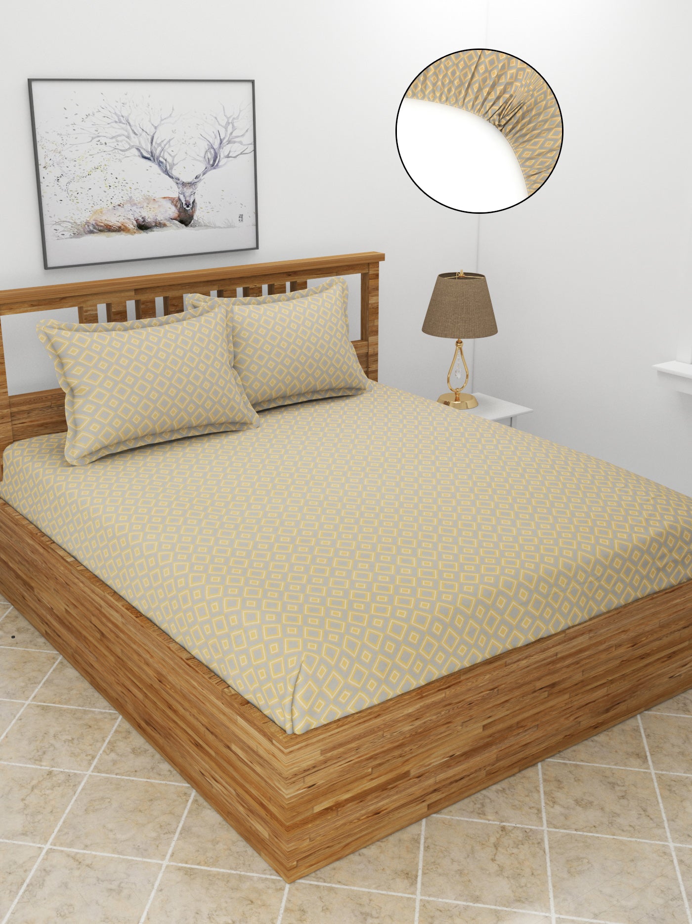 Premium Glace Cotton Elastic Fitted Double Bedsheet with 2 Pillow Covers (72x78x8 Inches)- Diamond_Mor