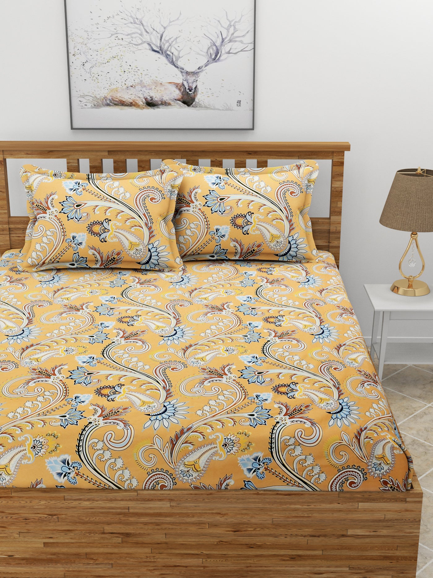 Premium Glace Cotton Elastic Fitted Double Bedsheet with 2 Pillow Covers (72x78x8 Inches)- RajasthaniPrint