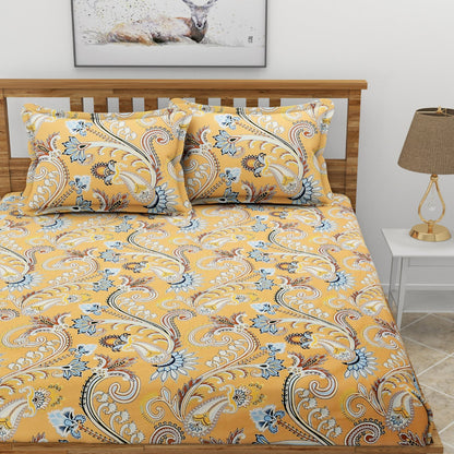 Morado Premium Glace Cotton Elastic Fitted Double Bedsheet with 2 Pillow Covers (72x78x8 Inches)- Rajasthani Print