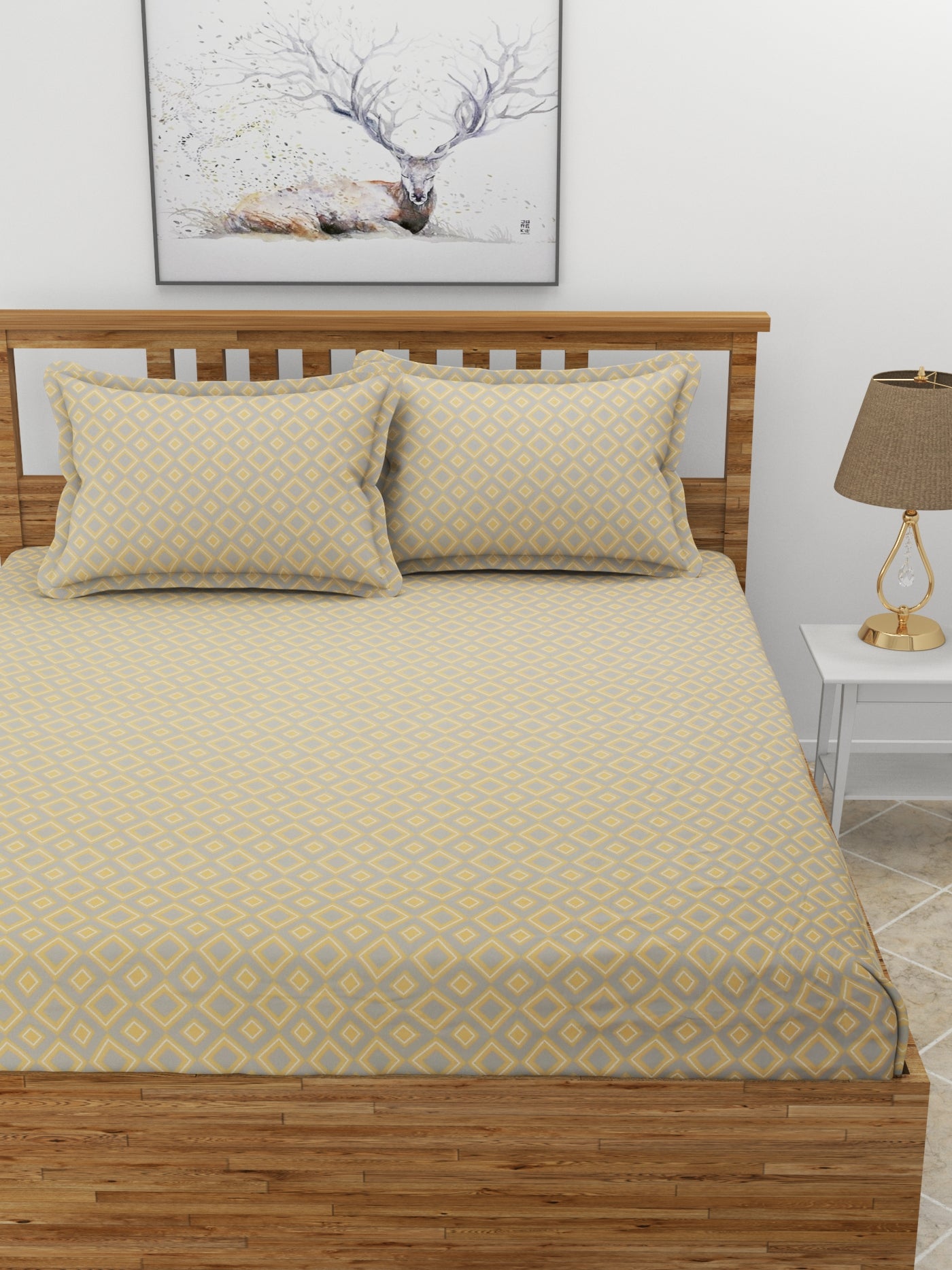 Premium Glace Cotton Elastic Fitted Double Bedsheet with 2 Pillow Covers (72x78x8 Inches)- Diamond_Mor