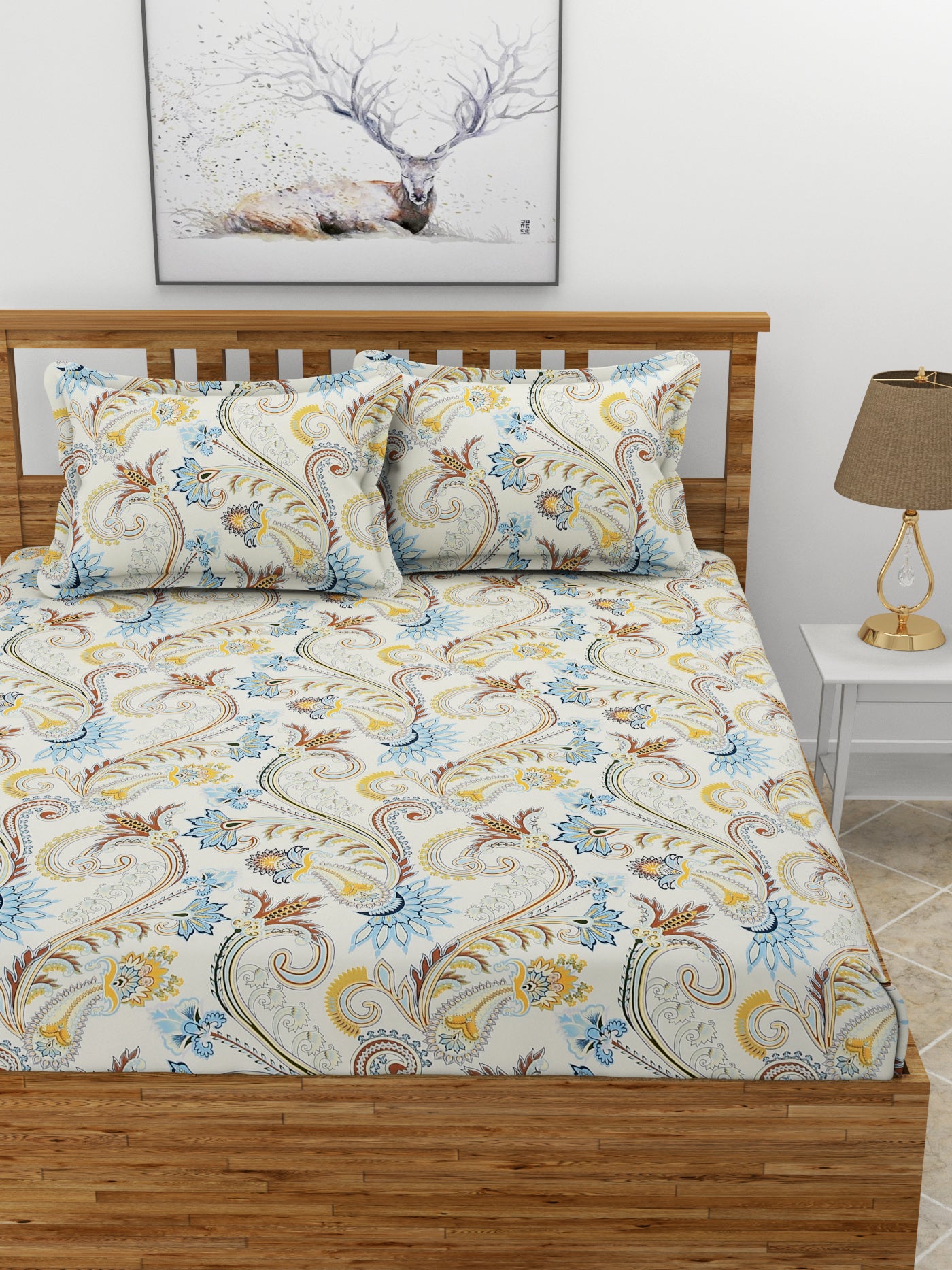 Premium Glace Cotton Elastic Fitted Double Bedsheet with 2 Pillow Covers (72x78x8 Inches)- RajasthaniPrint