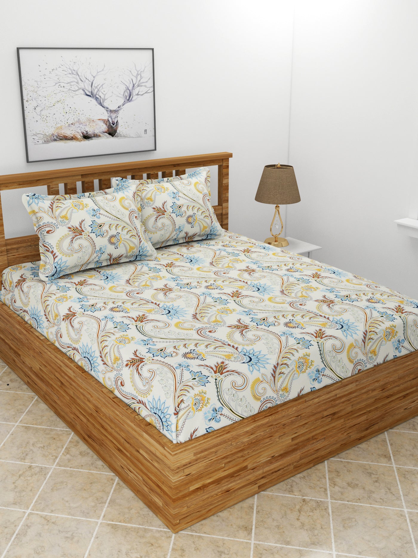 Premium Glace Cotton Elastic Fitted Double Bedsheet with 2 Pillow Covers (72x78x8 Inches)- RajasthaniPrint