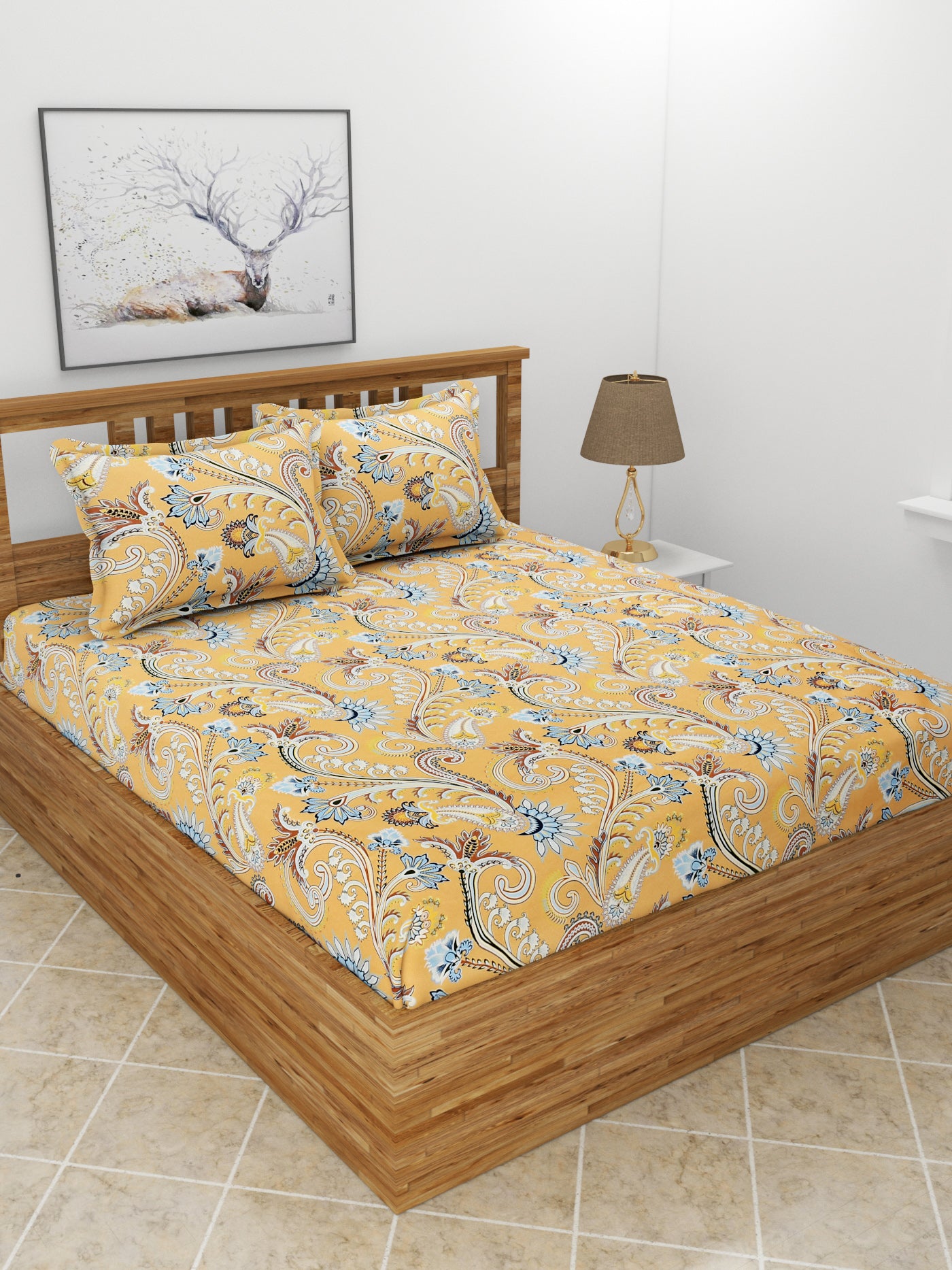 Premium Glace Cotton Elastic Fitted Double Bedsheet with 2 Pillow Covers (72x78x8 Inches)- RajasthaniPrint