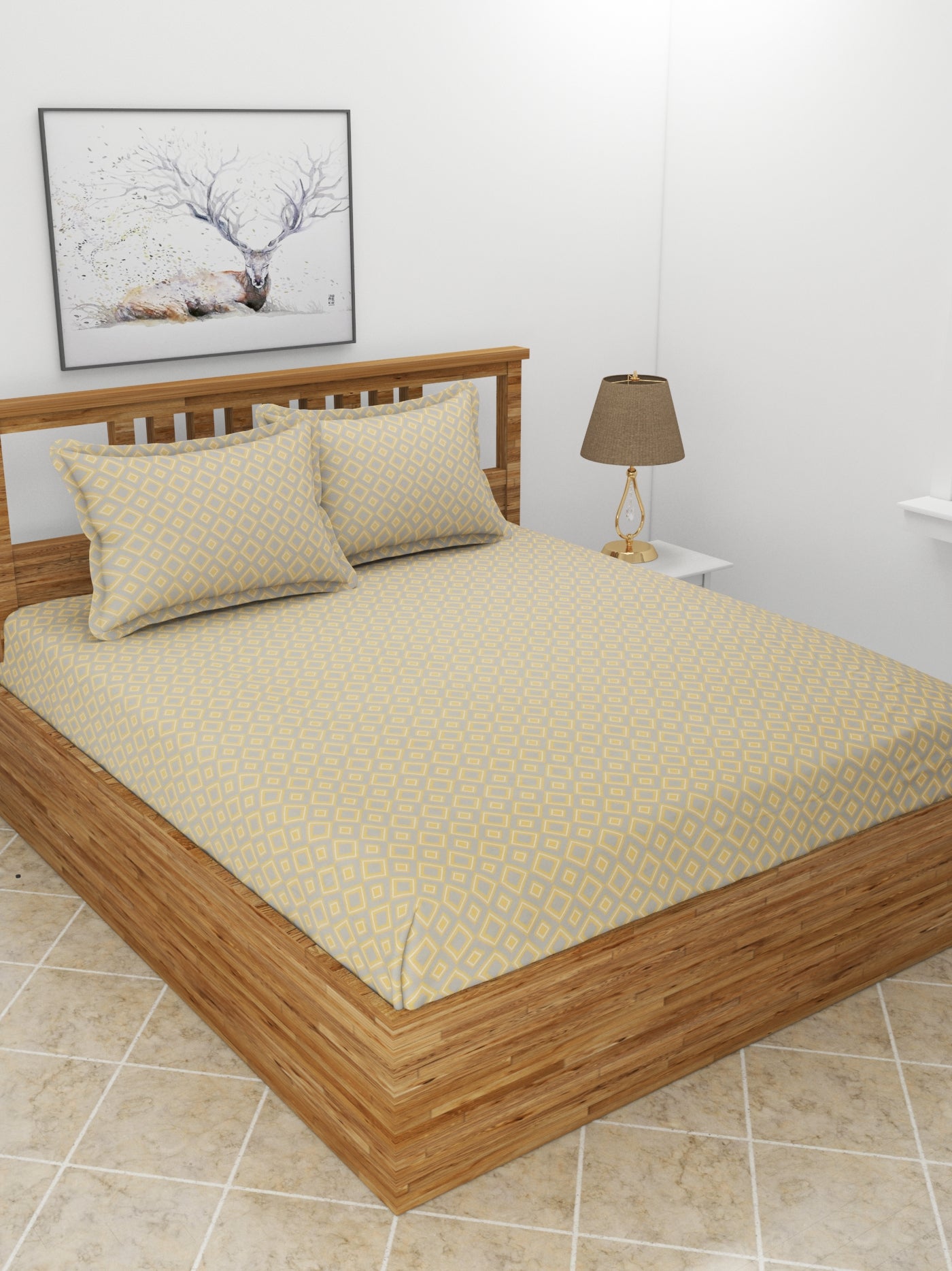 Premium Glace Cotton Elastic Fitted Double Bedsheet with 2 Pillow Covers (72x78x8 Inches)- Diamond_Mor