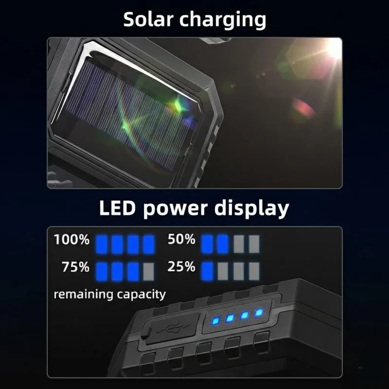 LA' FORTE FLIXX Solar Rechargeable Emergency Light with Mobile Charging Power Bank | USB-C Fast Charging | Multi-Mode White/Red/Blue Warning Light | IP65 Water Resistant Portable Backup Lamp