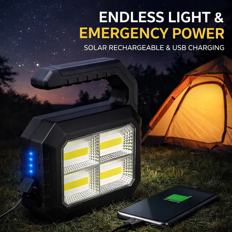LA' FORTE FLIXX Solar Rechargeable Emergency Light with Mobile Charging Power Bank | USB-C Fast Charging | Multi-Mode White/Red/Blue Warning Light | IP65 Water Resistant Portable Backup Lamp