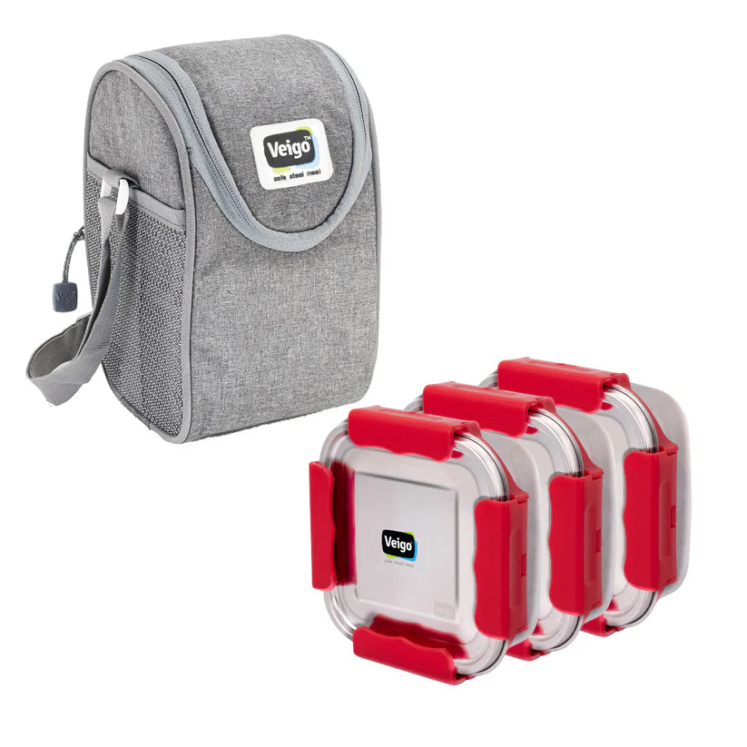 Veigo LunchBoss Combo- Tower of 3 Medium Stainless Steel Lunch Boxes in an Insulated Lunch Bag
