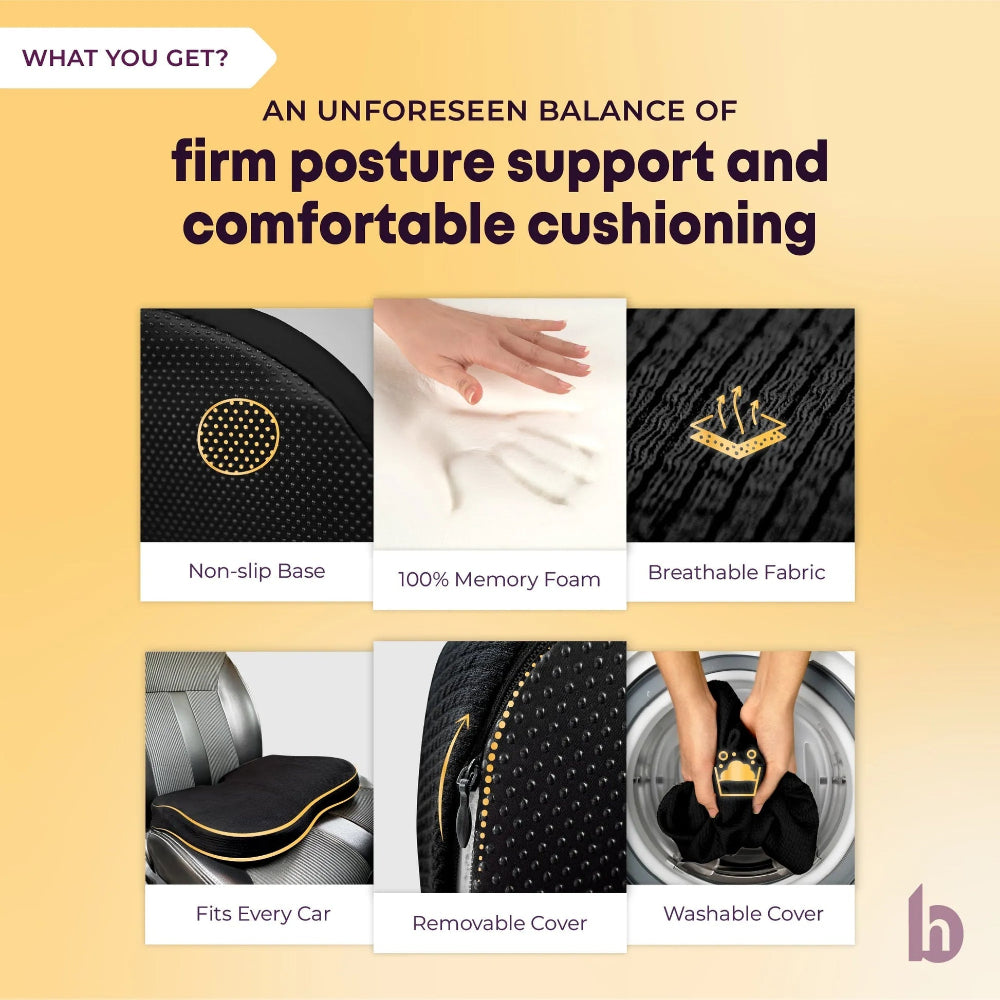 Betterhood Seat Cushion for Car - Ergonomic Memory Foam Coccyx Tailbone Support