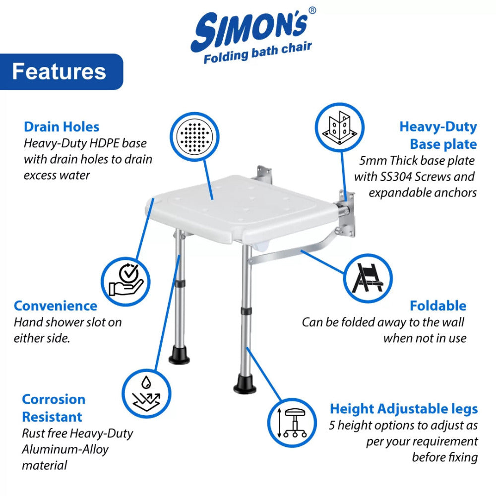 Simon’s Folding Wall Bath Chair with Adjustable Legs | Supports Upto 136 Kgs | Adjustable Height