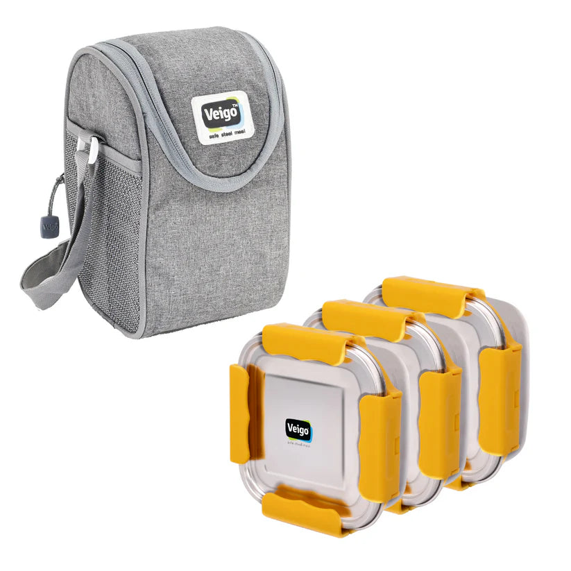 Veigo LunchBoss Combo- Tower of 3 Medium Stainless Steel Lunch Boxes in an Insulated Lunch Bag